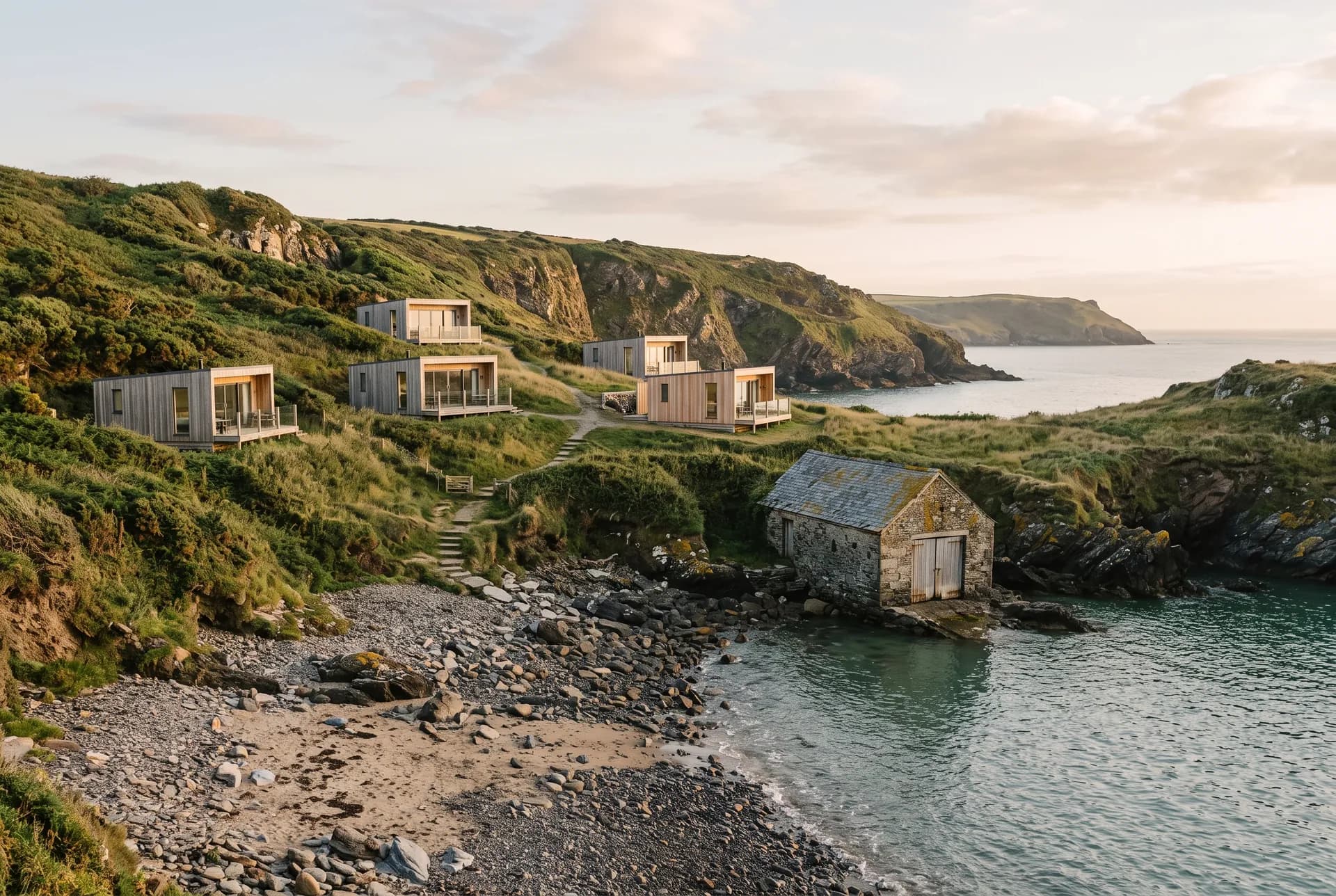 The cove at golden hour: timber villas on the slope above a shingle beach and an old stone boathouse